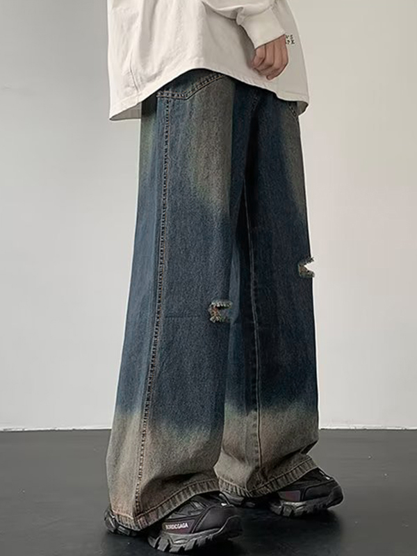 Vaqueros sueltos rasgados ombré para hombre-3