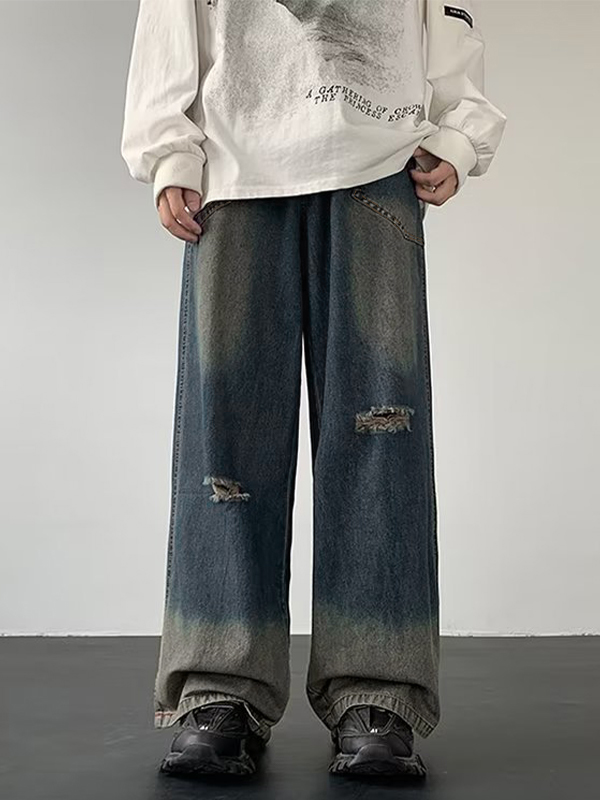 Vaqueros sueltos rasgados ombré para hombre-2