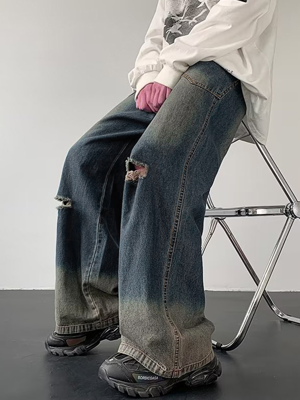 Vaqueros sueltos rasgados ombré para hombre-4