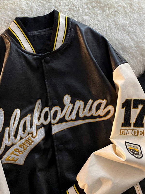 Chaqueta universitaria de cuero sintético bordado para hombre-2