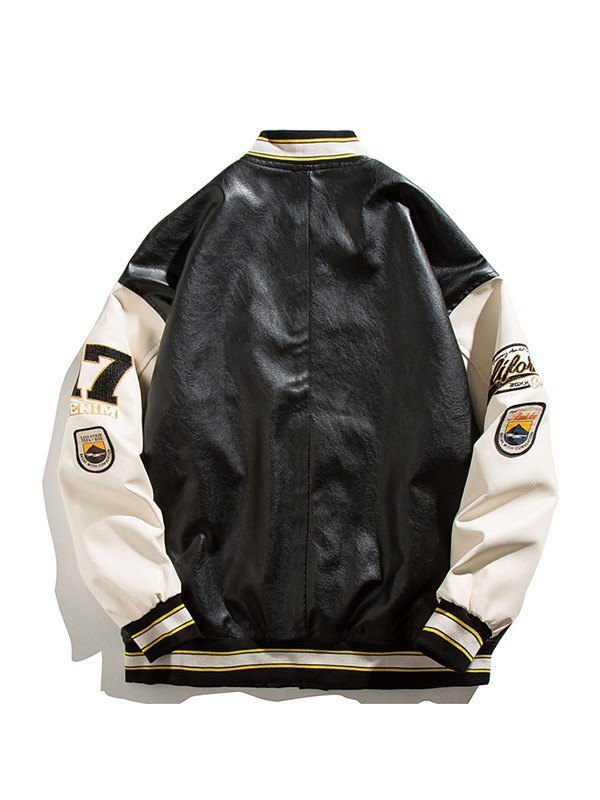 Chaqueta universitaria de cuero sintético bordado para hombre-1